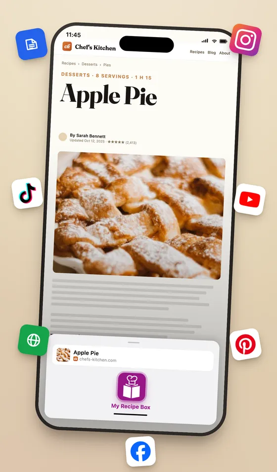 Save any recipe from any website or social network into My Recipe Box